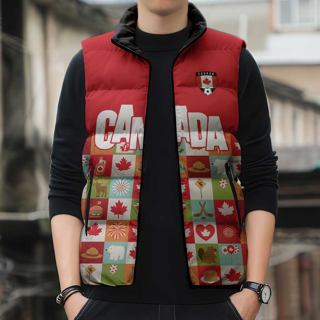 Canada Football Sleeveless Puffer Jacket Patchwork Icons and Maple Leaf Pattern - Wonder Print Shop