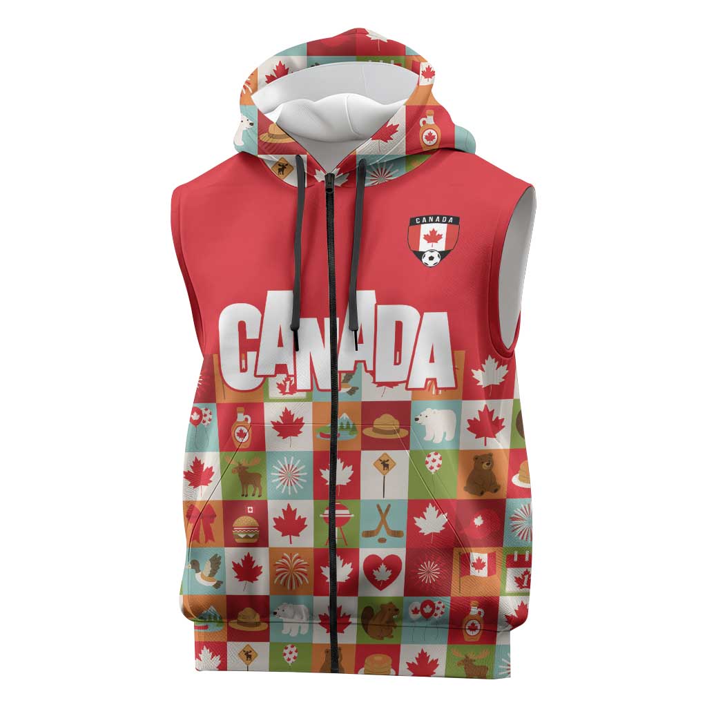 Canada Football Sleeveless Zip Hoodie Patchwork Icons and Maple Leaf Pattern - Wonder Print Shop
