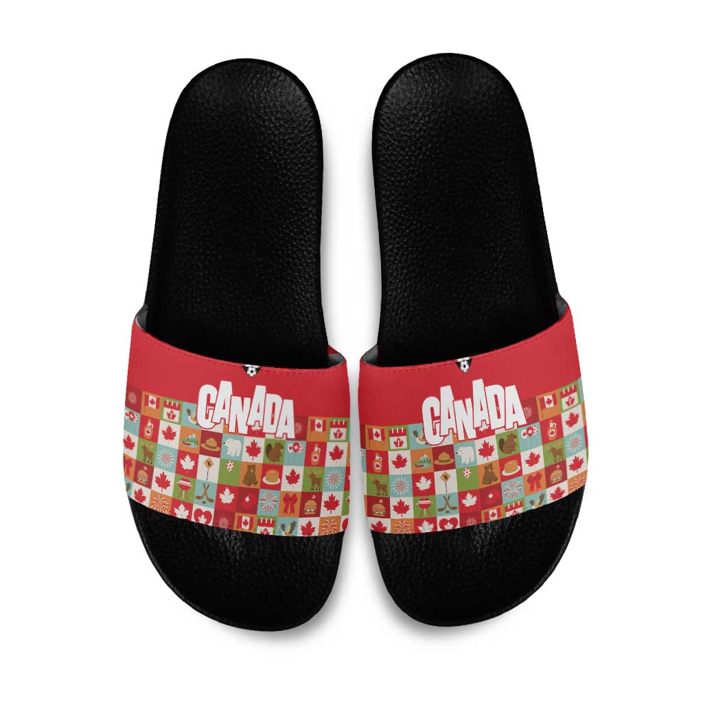 Canada Football Slide Sandals Patchwork Icons and Maple Leaf Pattern - Wonder Print Shop