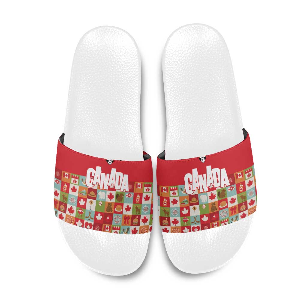 Canada Football Slide Sandals Patchwork Icons and Maple Leaf Pattern - Wonder Print Shop