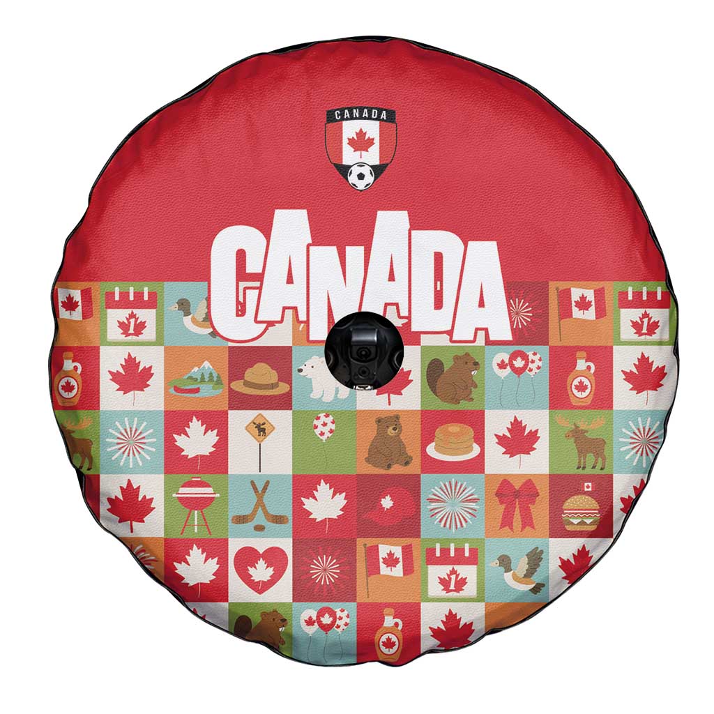 Canada Football Spare Tire Cover Patchwork Icons and Maple Leaf Pattern - Wonder Print Shop