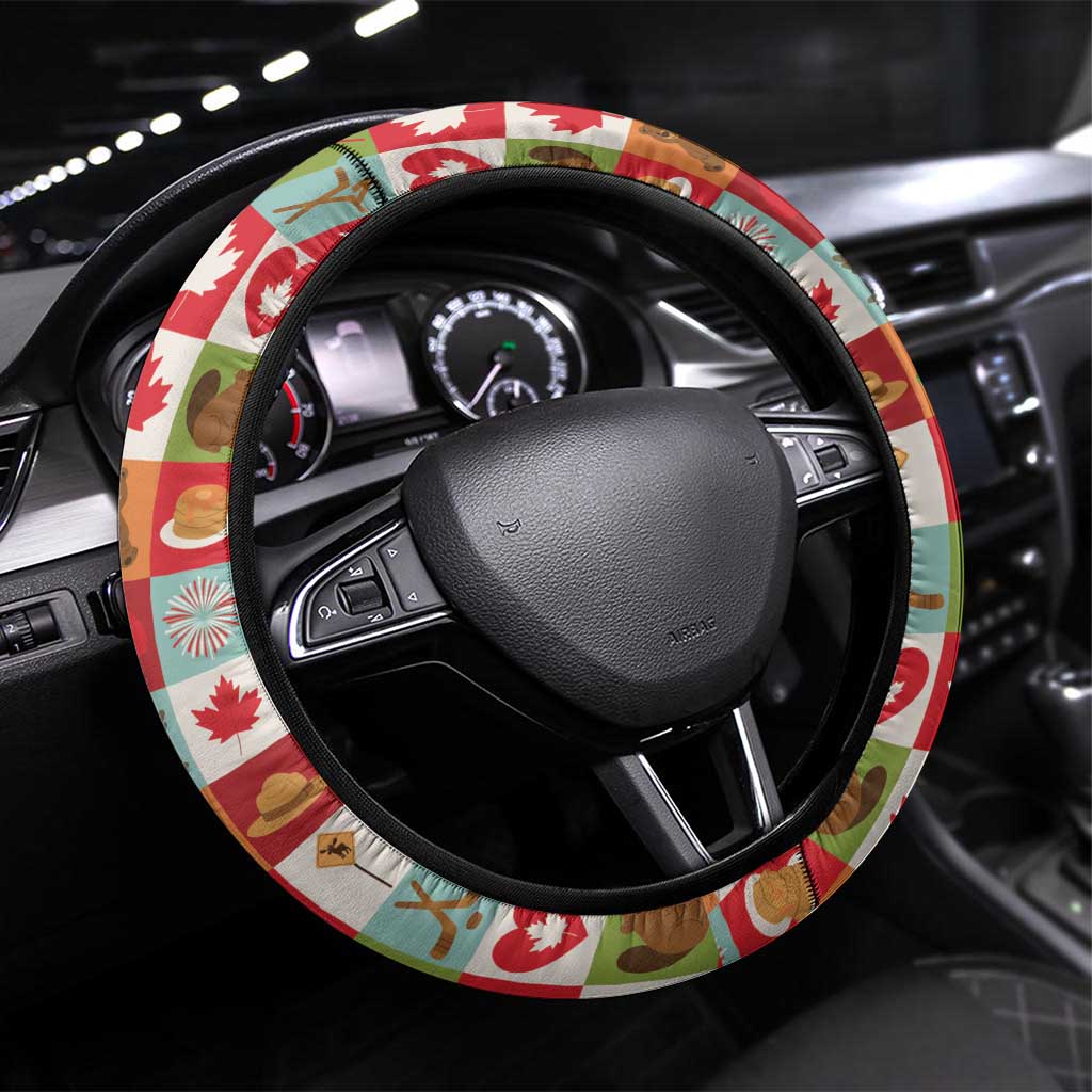 Canada Football Steering Wheel Cover Patchwork Icons and Maple Leaf Pattern - Wonder Print Shop