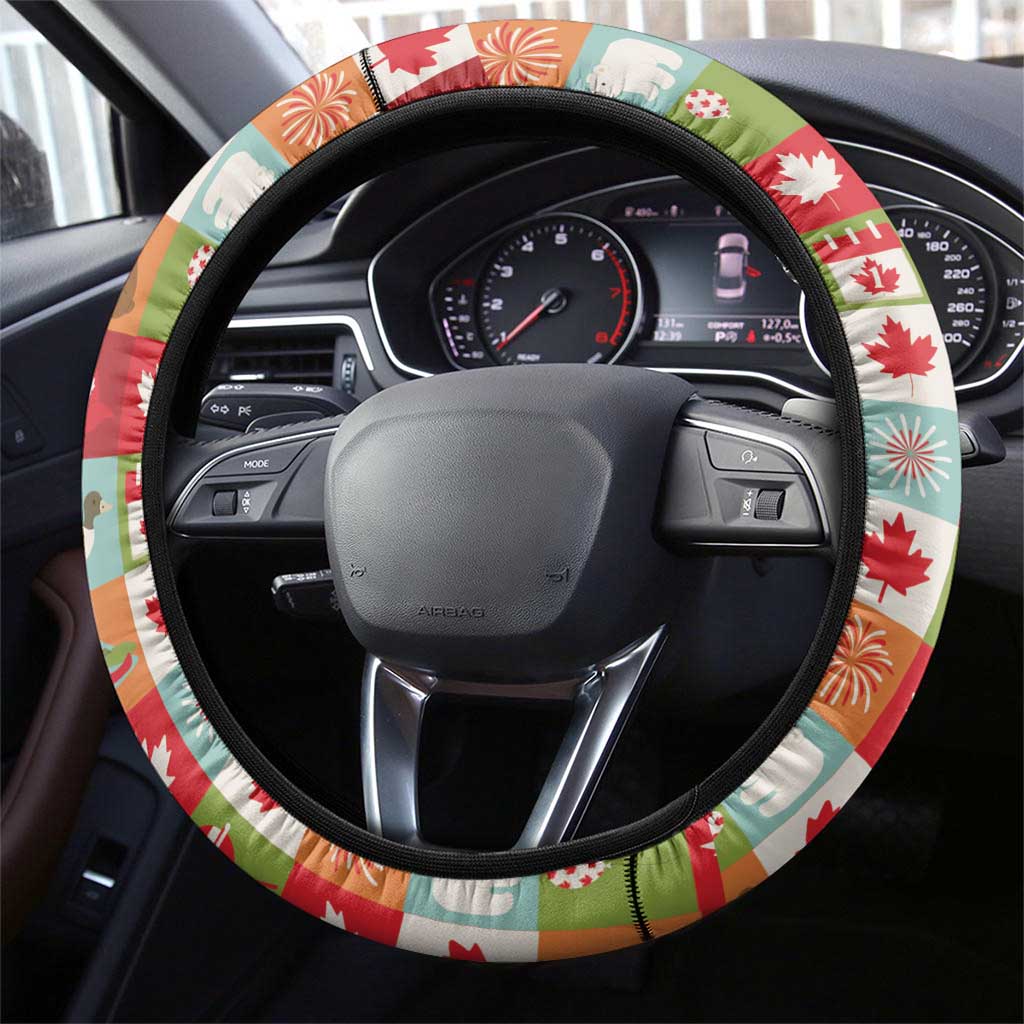 Canada Football Steering Wheel Cover Patchwork Icons and Maple Leaf Pattern - Wonder Print Shop