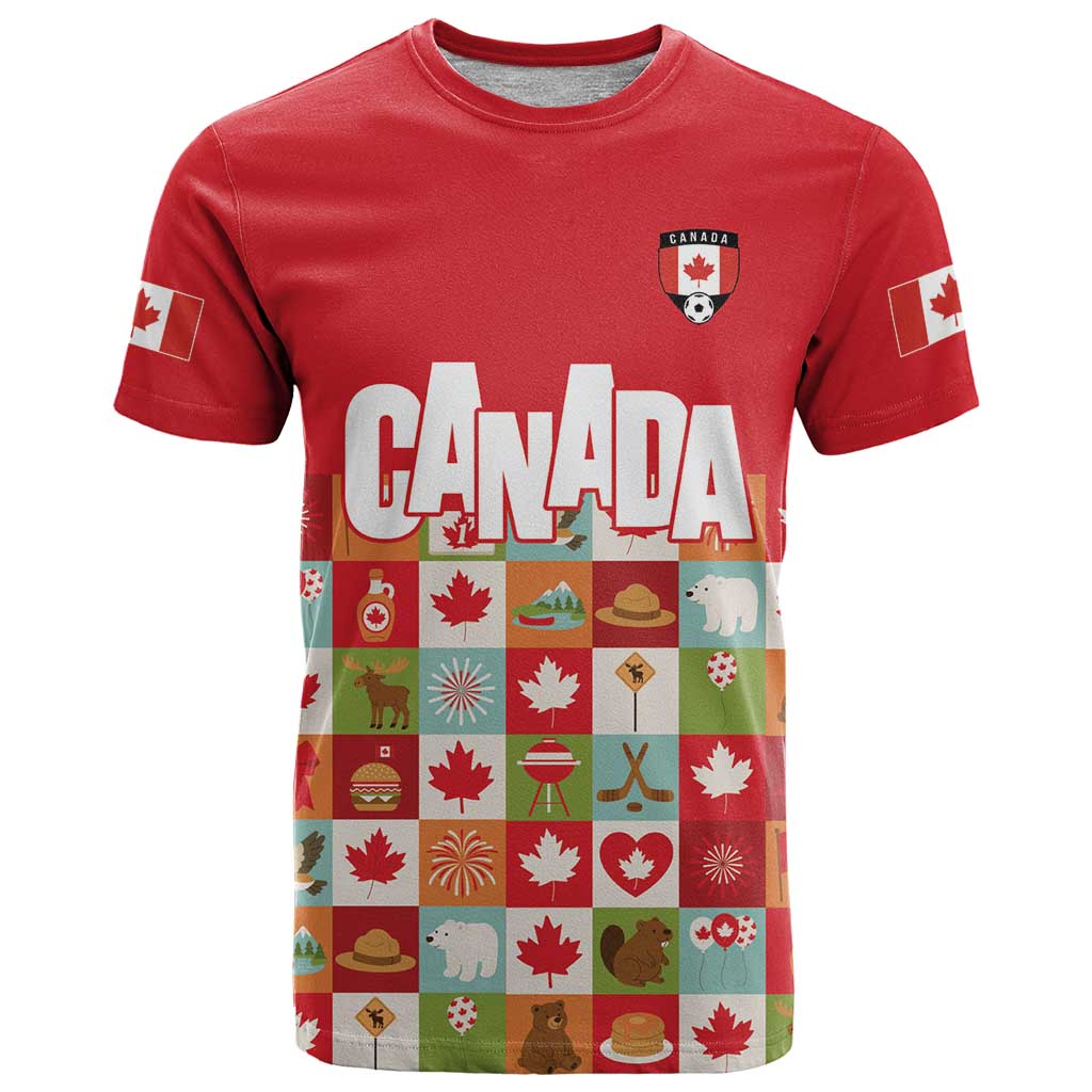 Canada Football T Shirt Patchwork Icons and Maple Leaf Pattern - Wonder Print Shop
