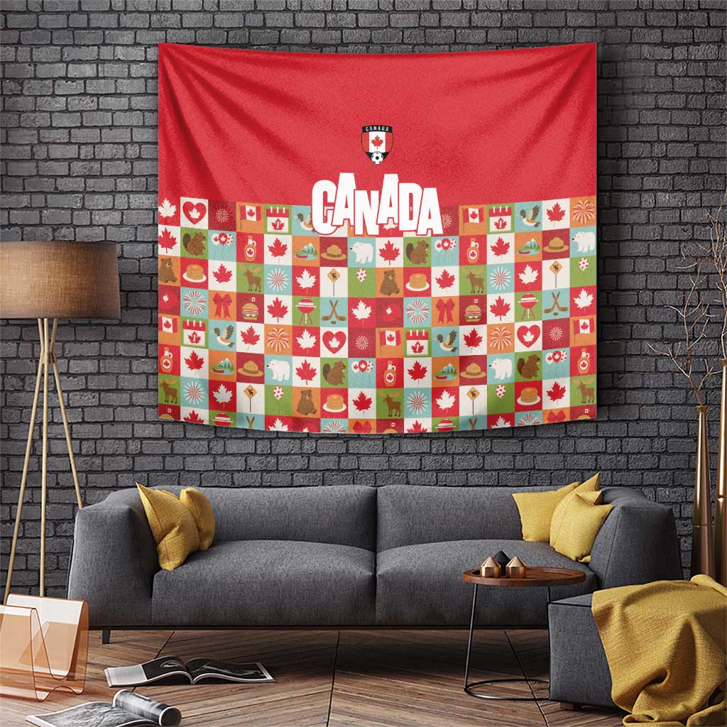 Canada Football Tapestry Patchwork Icons and Maple Leaf Pattern - Wonder Print Shop