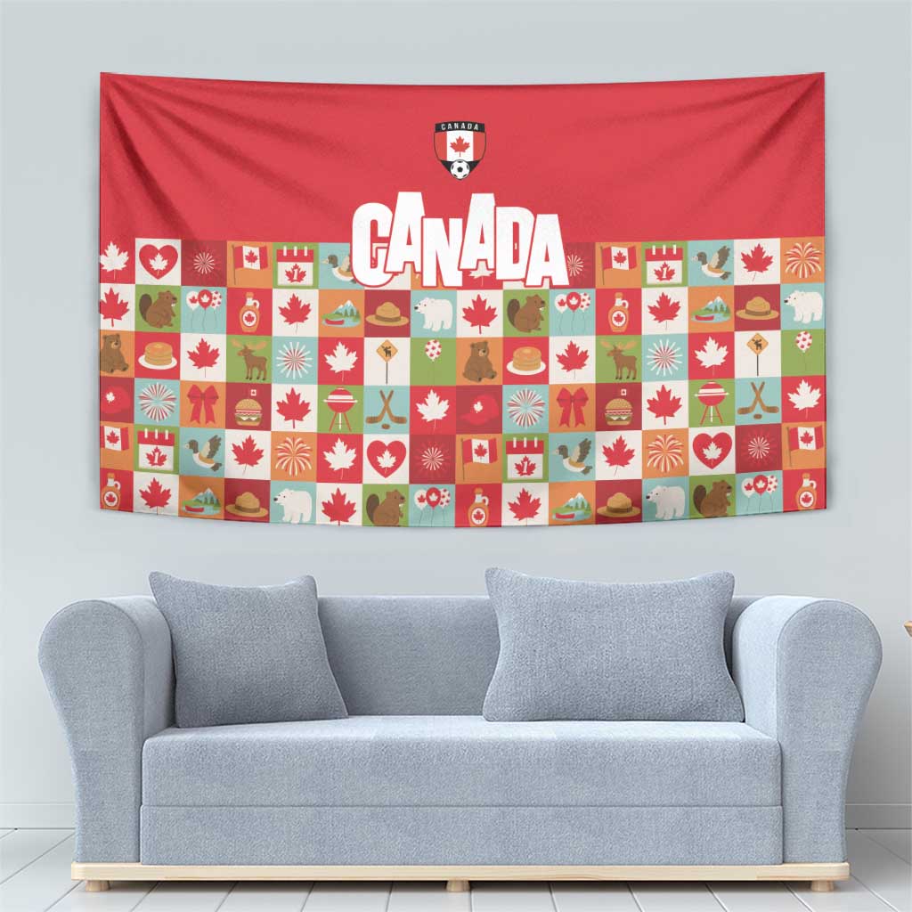 Canada Football Tapestry Patchwork Icons and Maple Leaf Pattern - Wonder Print Shop
