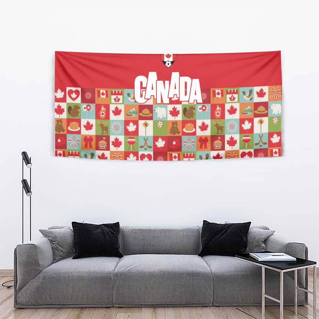 Canada Football Tapestry Patchwork Icons and Maple Leaf Pattern - Wonder Print Shop