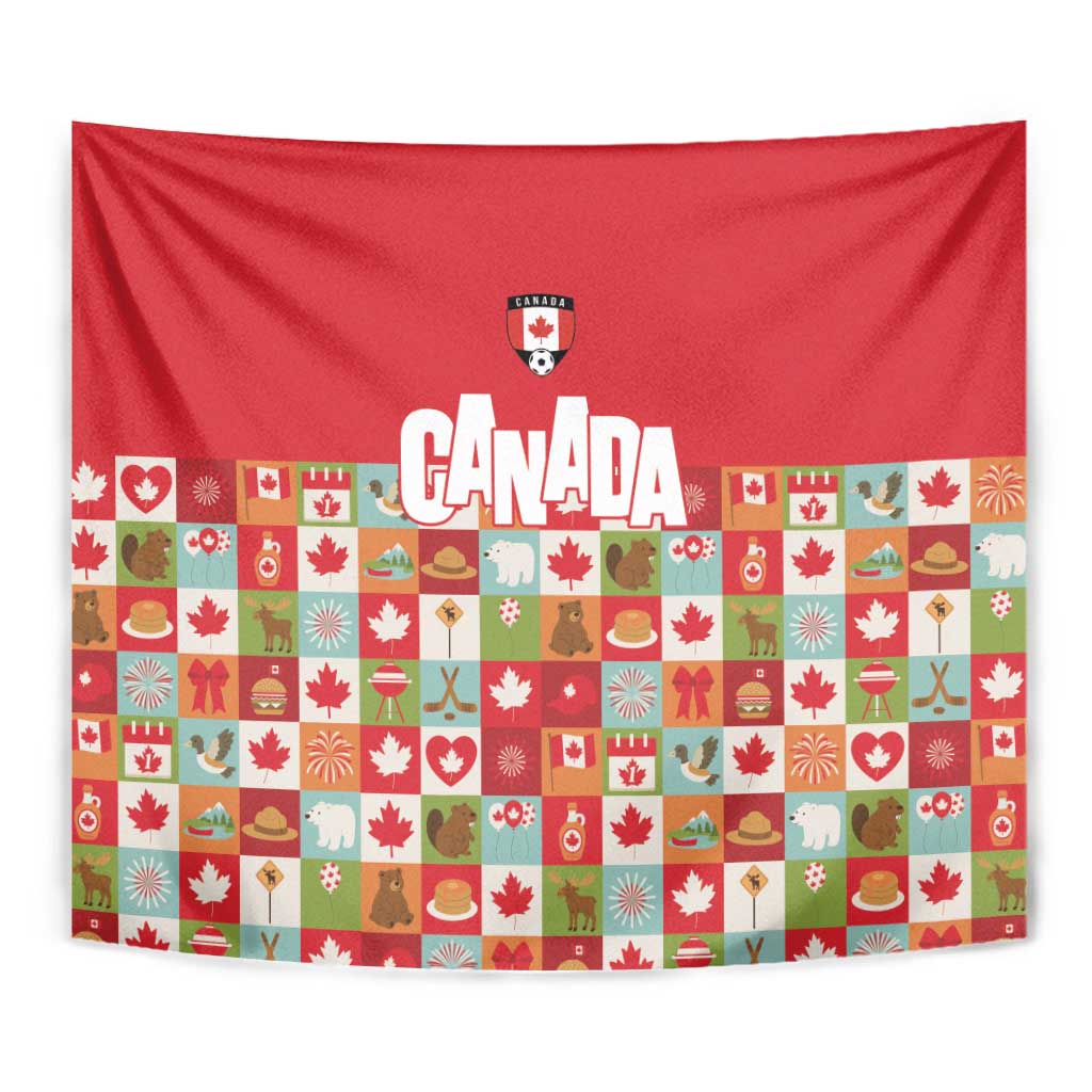 Canada Football Tapestry Patchwork Icons and Maple Leaf Pattern - Wonder Print Shop