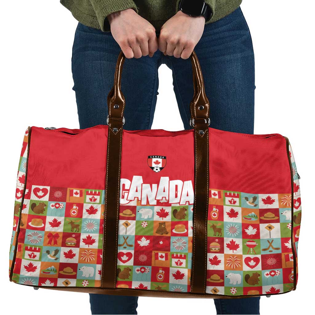 Canada Football Travel Bag Patchwork Icons and Maple Leaf Pattern - Wonder Print Shop