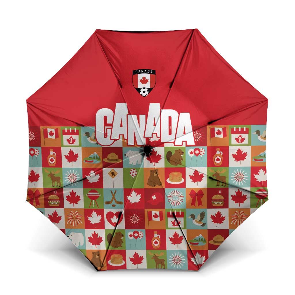Canada Football Umbrella Patchwork Icons and Maple Leaf Pattern - Wonder Print Shop