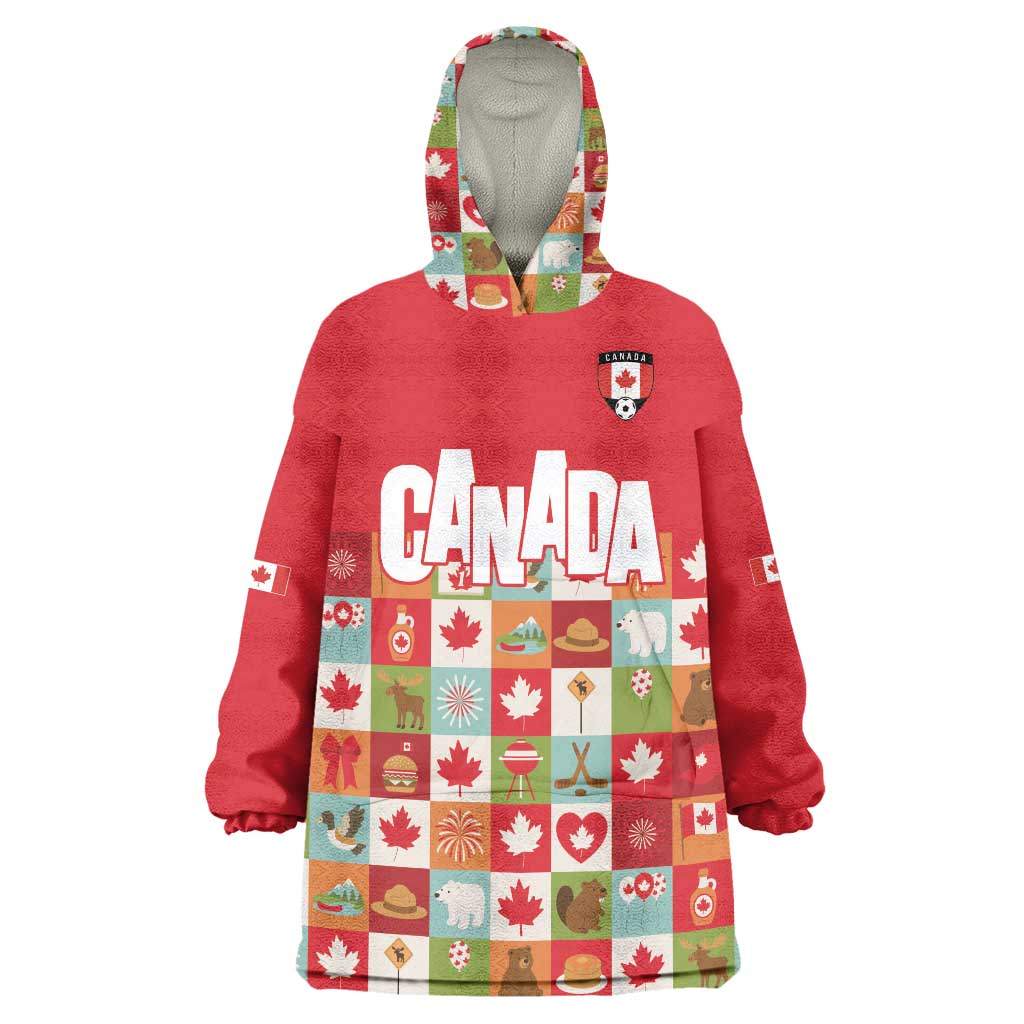 Canada Football Wearable Blanket Hoodie Patchwork Icons and Maple Leaf Pattern - Wonder Print Shop