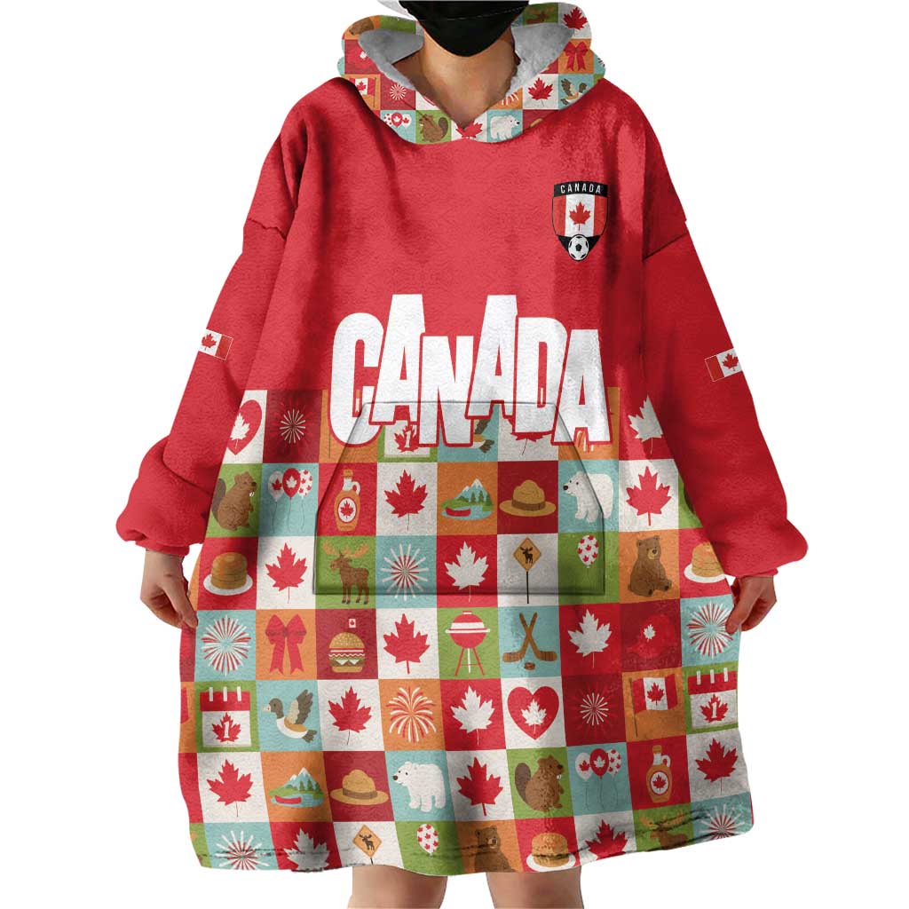 Canada Football Wearable Blanket Hoodie Patchwork Icons and Maple Leaf Pattern - Wonder Print Shop