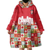 Canada Football Wearable Blanket Hoodie Patchwork Icons and Maple Leaf Pattern - Wonder Print Shop