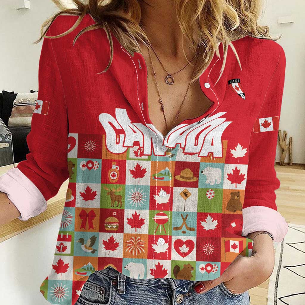 Canada Football Women Casual Shirt Patchwork Icons and Maple Leaf Pattern - Wonder Print Shop