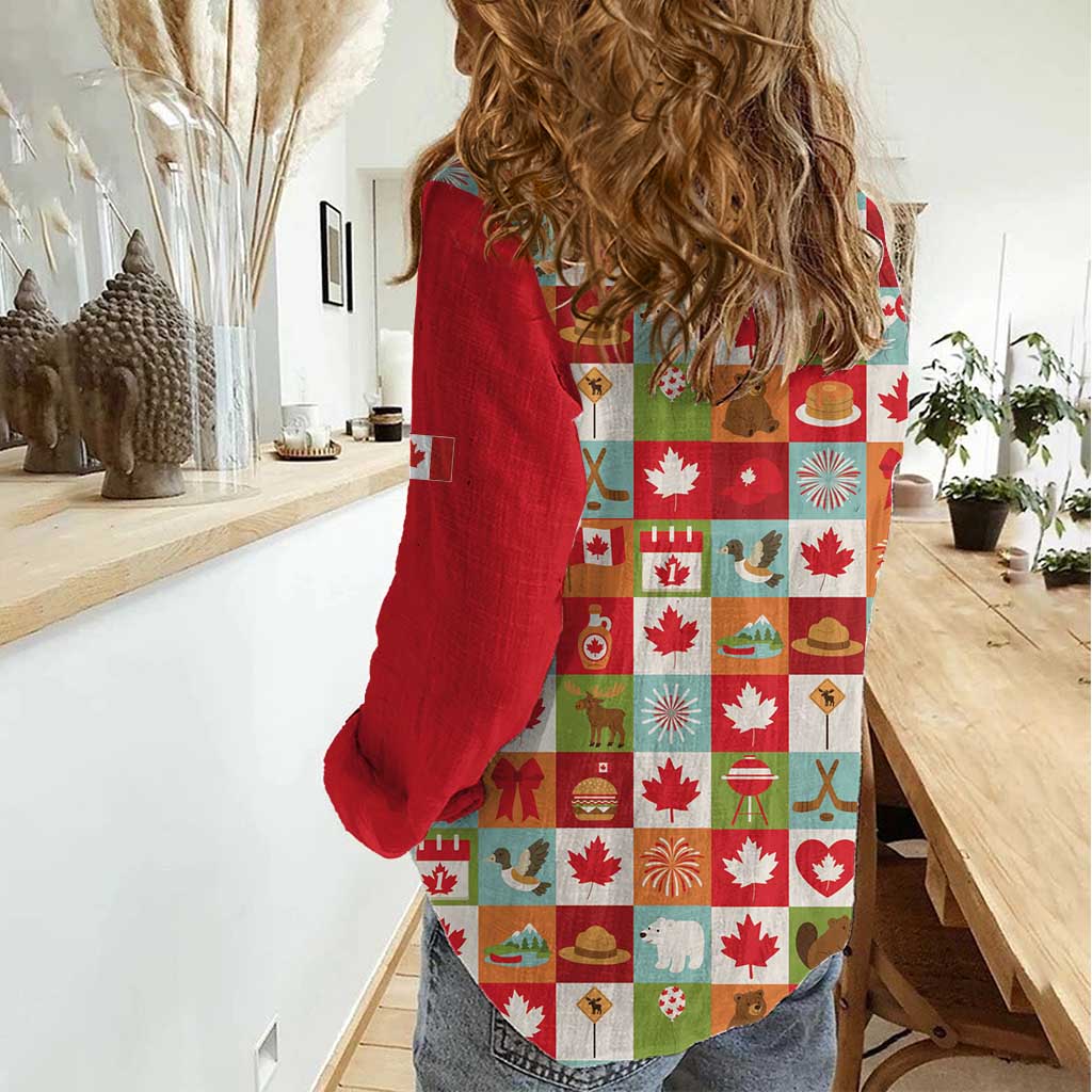 Canada Football Women Casual Shirt Patchwork Icons and Maple Leaf Pattern - Wonder Print Shop