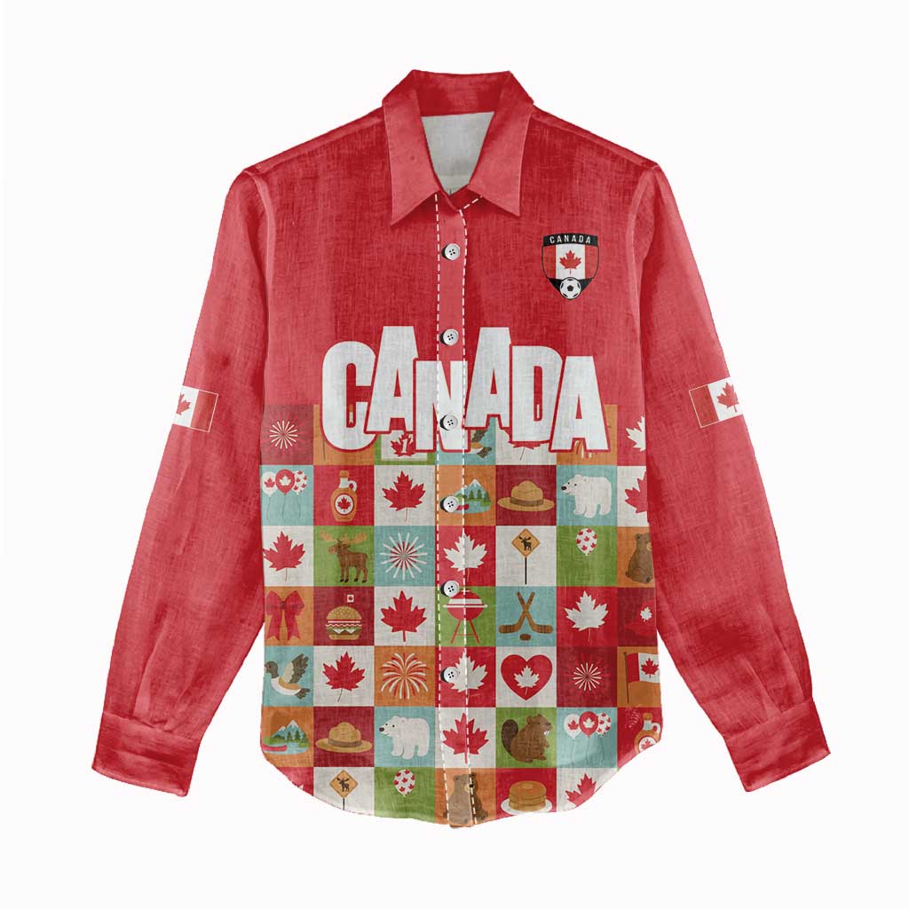 Canada Football Women Casual Shirt Patchwork Icons and Maple Leaf Pattern - Wonder Print Shop