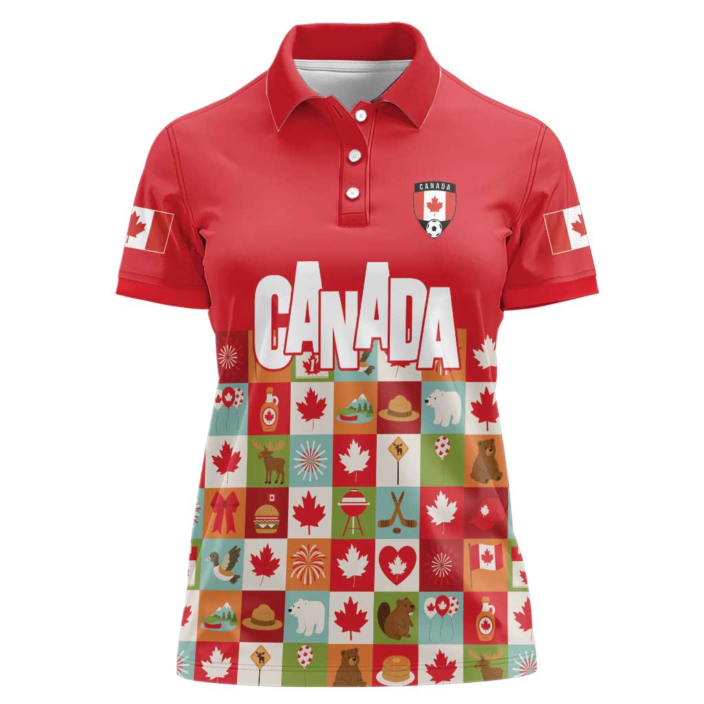 Canada Football Women Polo Shirt Patchwork Icons and Maple Leaf Pattern - Wonder Print Shop