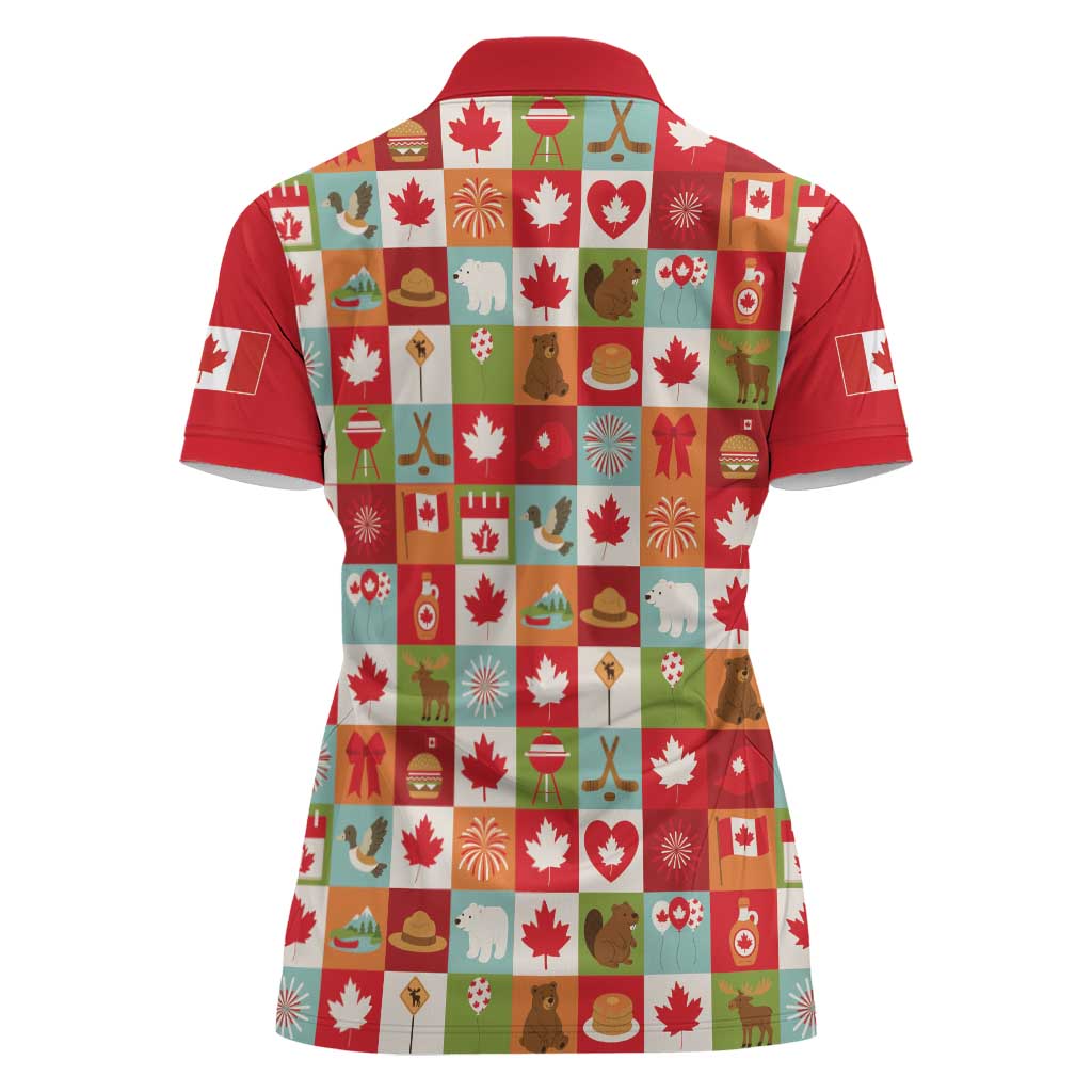 Canada Football Women Polo Shirt Patchwork Icons and Maple Leaf Pattern - Wonder Print Shop