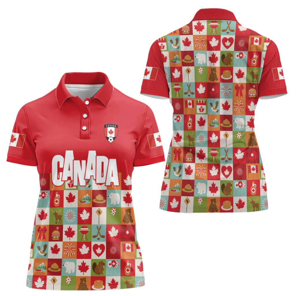 Canada Football Women Polo Shirt Patchwork Icons and Maple Leaf Pattern - Wonder Print Shop