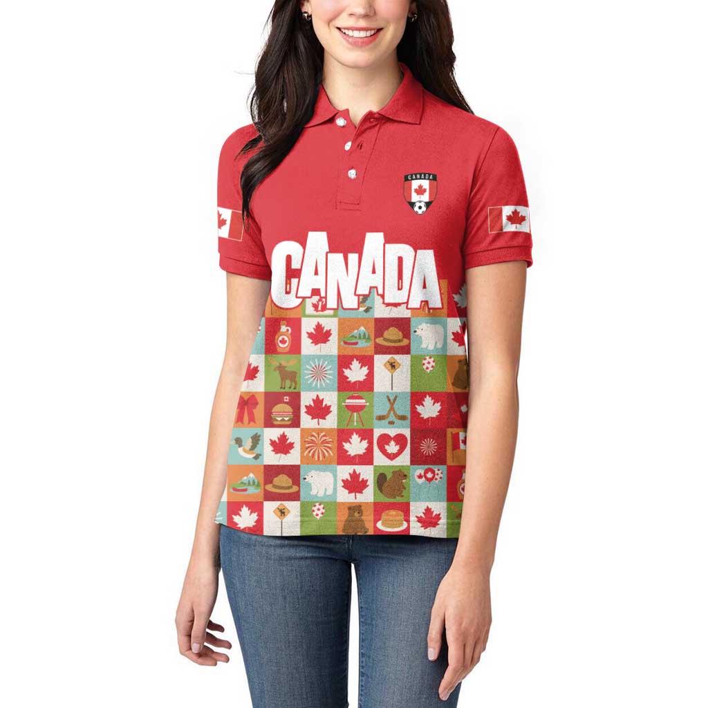 Canada Football Women Polo Shirt Patchwork Icons and Maple Leaf Pattern - Wonder Print Shop
