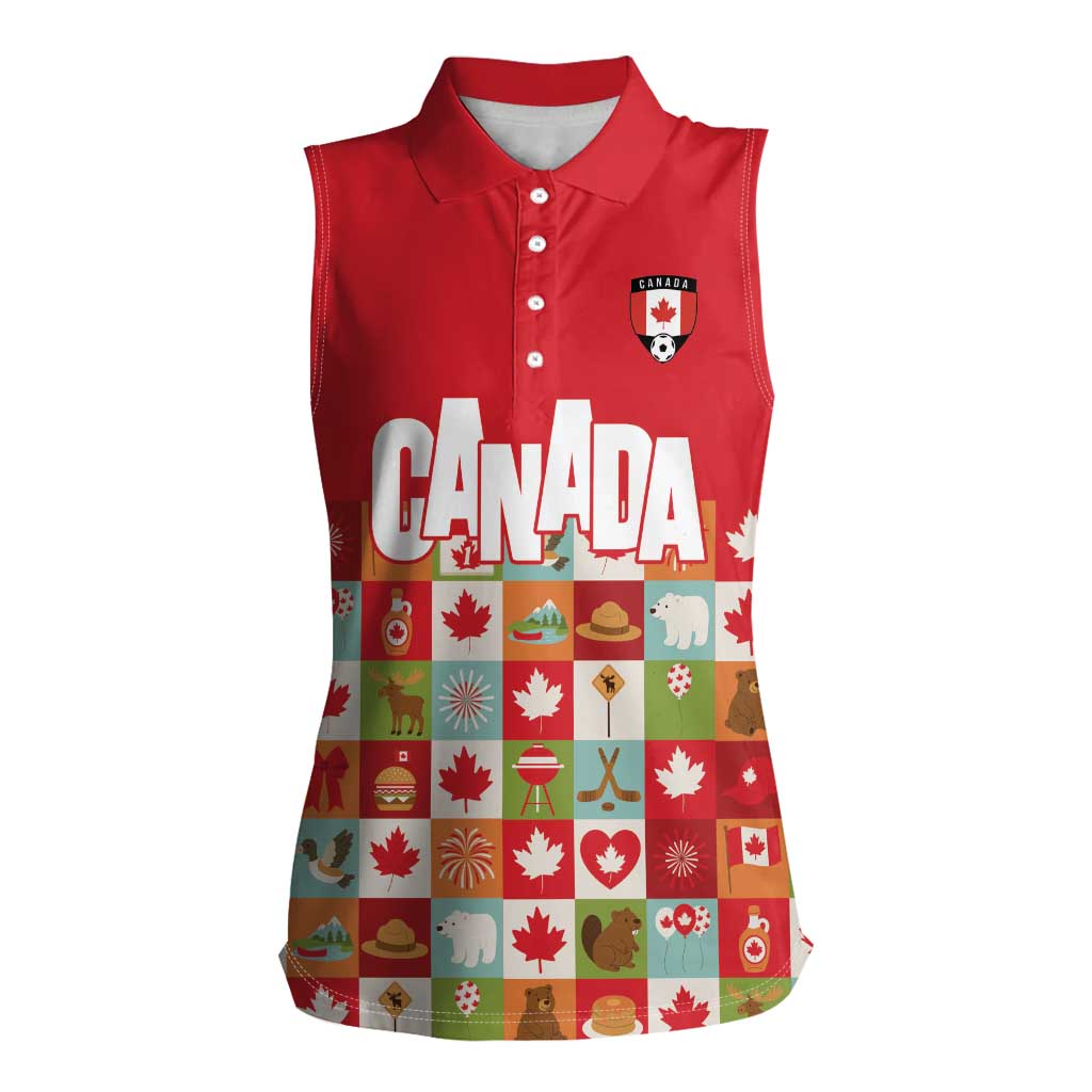 Canada Football Women Sleeveless Polo Shirt Patchwork Icons and Maple Leaf Pattern - Wonder Print Shop