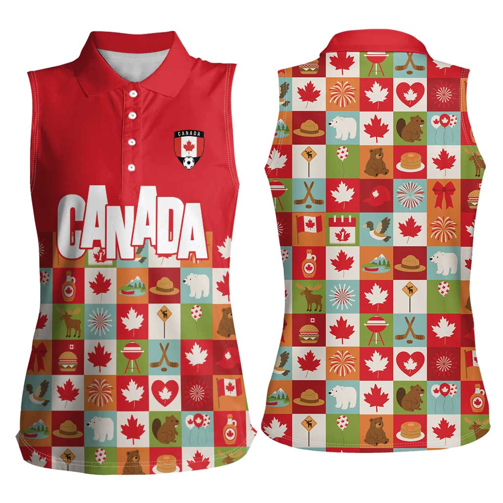 Canada Football Women Sleeveless Polo Shirt Patchwork Icons and Maple Leaf Pattern - Wonder Print Shop