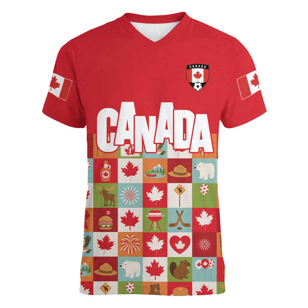Canada Football Women V-Neck T-Shirt Patchwork Icons and Maple Leaf Pattern - Wonder Print Shop