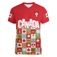 Canada Football Women V-Neck T-Shirt Patchwork Icons and Maple Leaf Pattern - Wonder Print Shop
