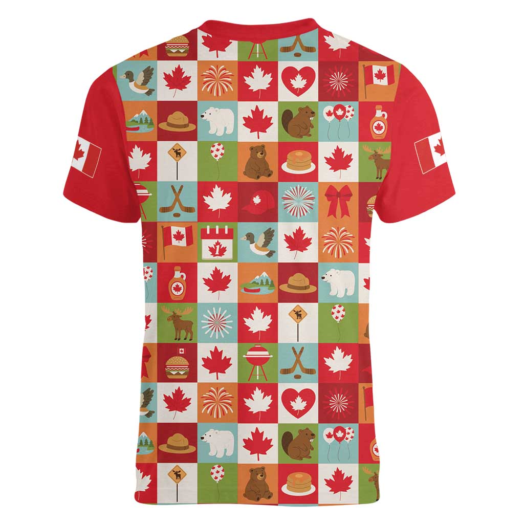 Canada Football Women V-Neck T-Shirt Patchwork Icons and Maple Leaf Pattern - Wonder Print Shop