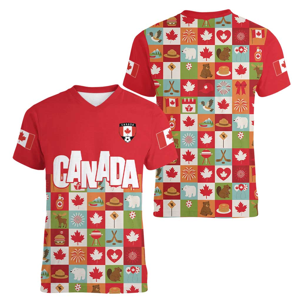 Canada Football Women V-Neck T-Shirt Patchwork Icons and Maple Leaf Pattern - Wonder Print Shop