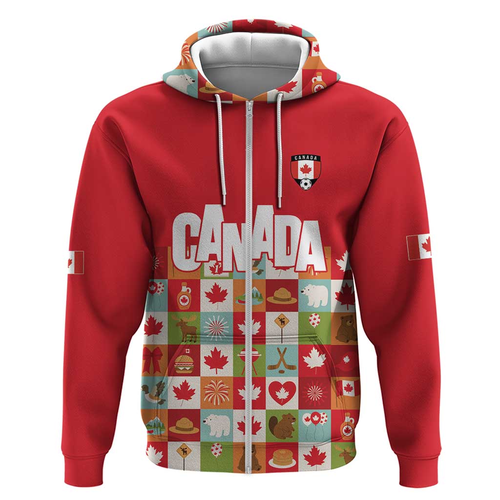 Canada Football Zip Hoodie Patchwork Icons and Maple Leaf Pattern - Wonder Print Shop