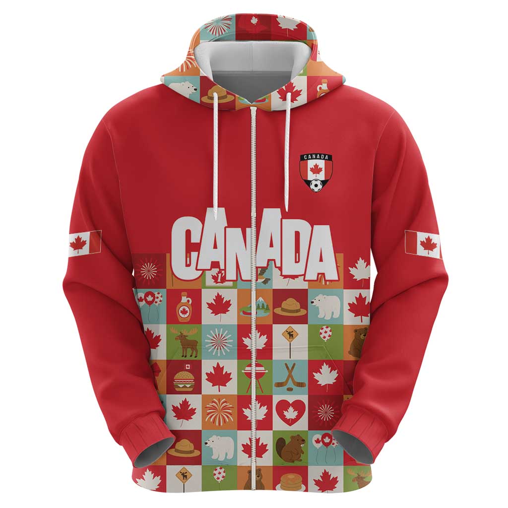 Canada Football Zip Hoodie Patchwork Icons and Maple Leaf Pattern - Wonder Print Shop