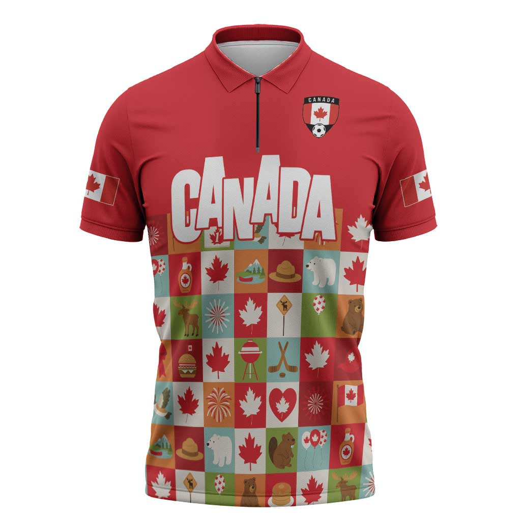 Canada Football Zipper Polo Shirt Patchwork Icons and Maple Leaf Pattern - Wonder Print Shop