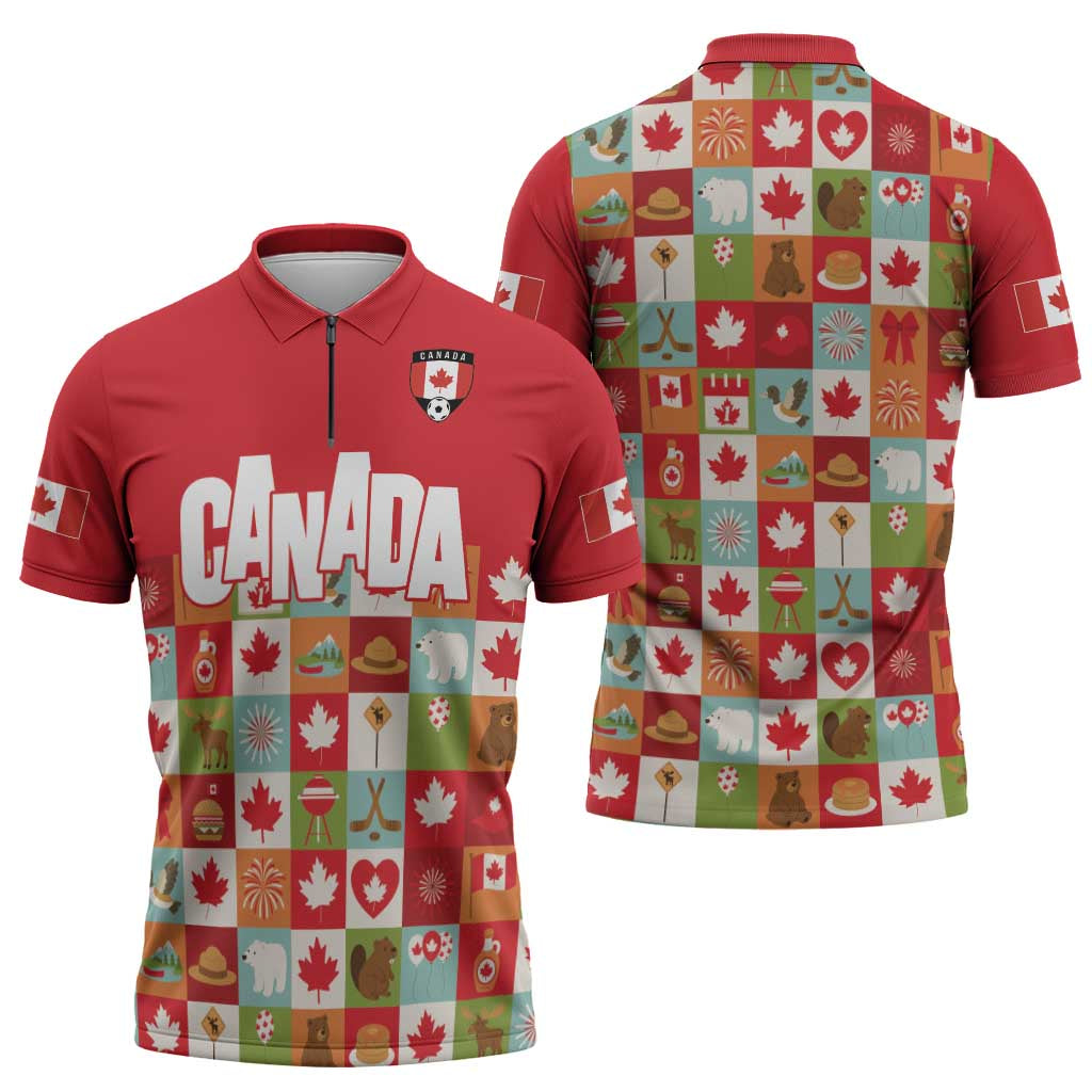 Canada Football Zipper Polo Shirt Patchwork Icons and Maple Leaf Pattern - Wonder Print Shop