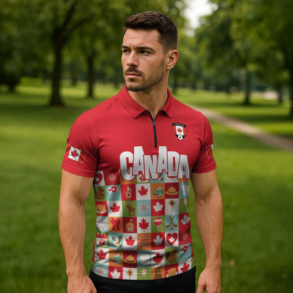Canada Football Zipper Polo Shirt Patchwork Icons and Maple Leaf Pattern - Wonder Print Shop