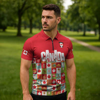 Canada Football Zipper Polo Shirt Patchwork Icons and Maple Leaf Pattern - Wonder Print Shop