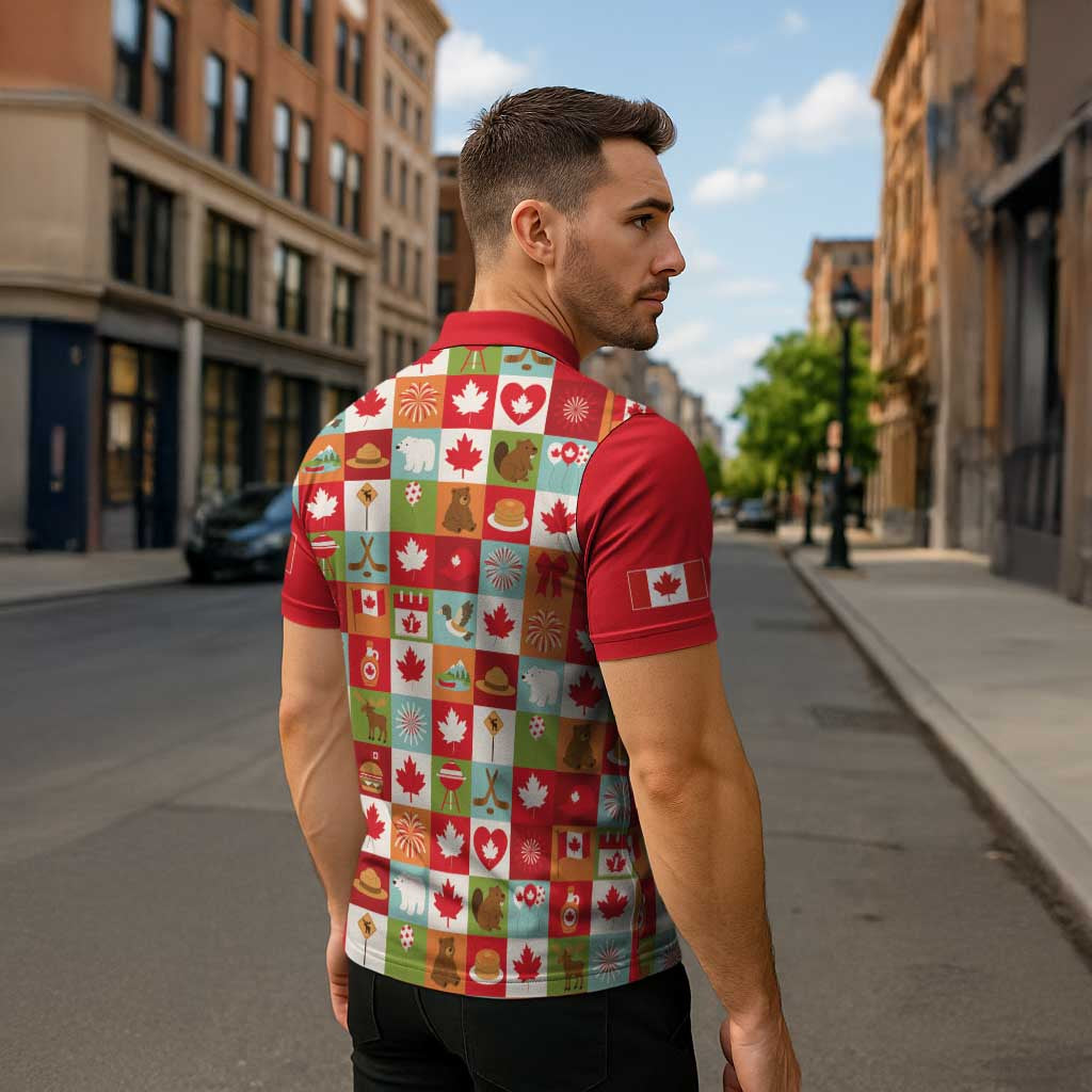 Canada Football Zipper Polo Shirt Patchwork Icons and Maple Leaf Pattern - Wonder Print Shop