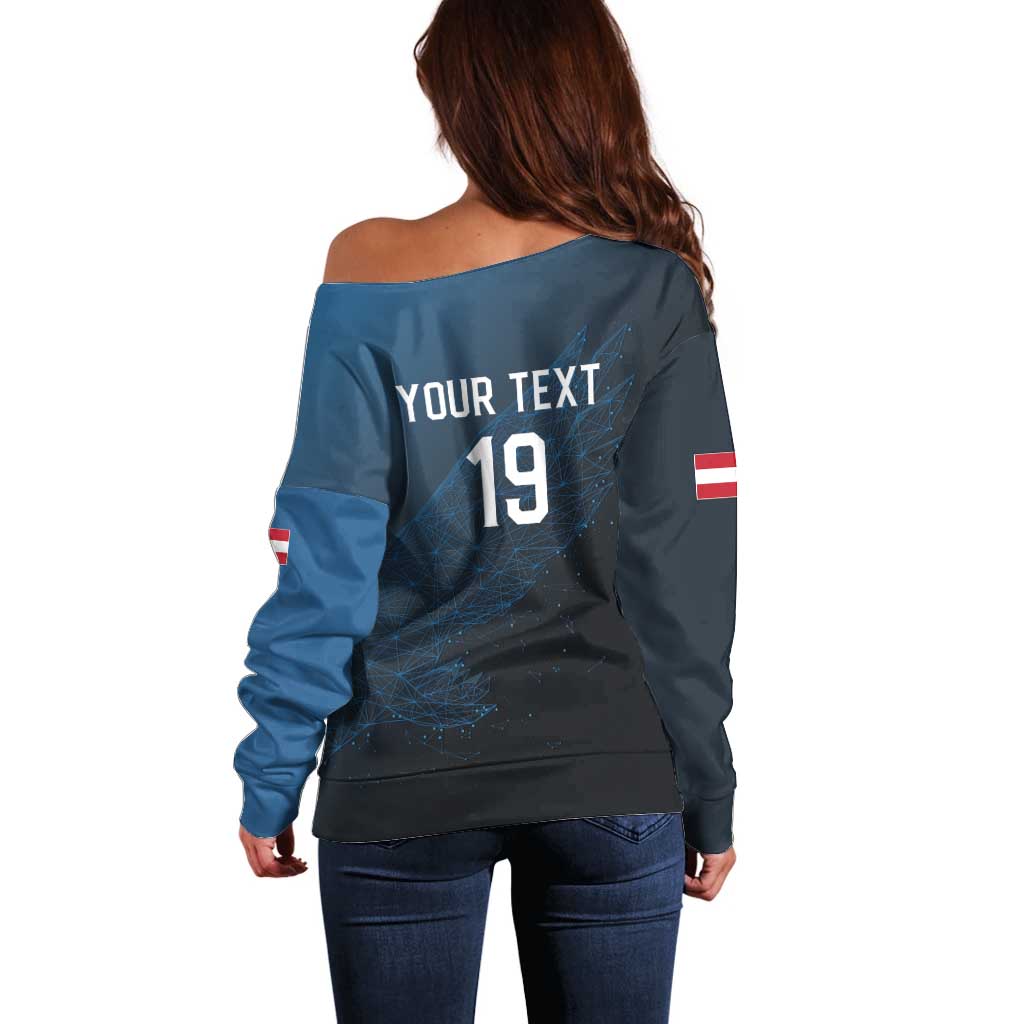 Custom World Football 2026 Austria Off Shoulder Sweater Das Team Go Champions Blue Version
