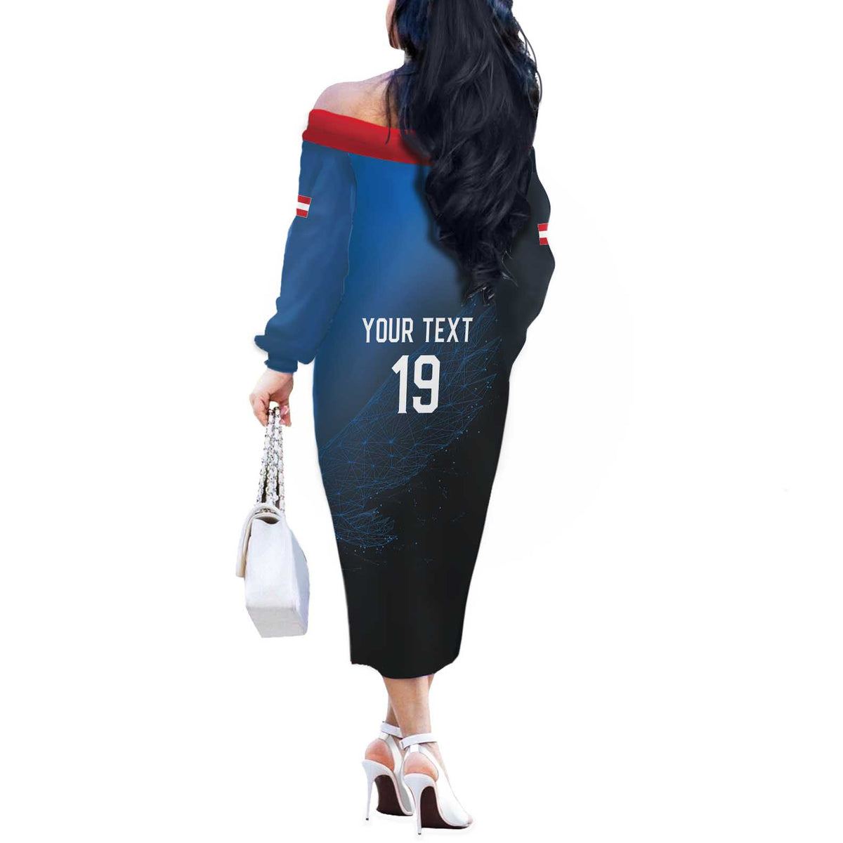 Custom World Football 2026 Austria Off The Shoulder Long Sleeve Dress Das Team Go Champions Blue Version