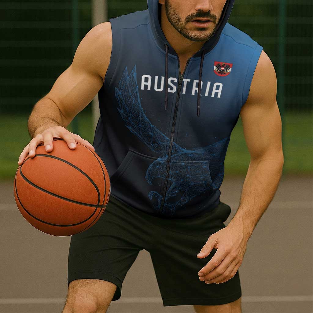 Custom World Football 2026 Austria Sleeveless Zip Hoodie Das Team Go Champions Blue Version