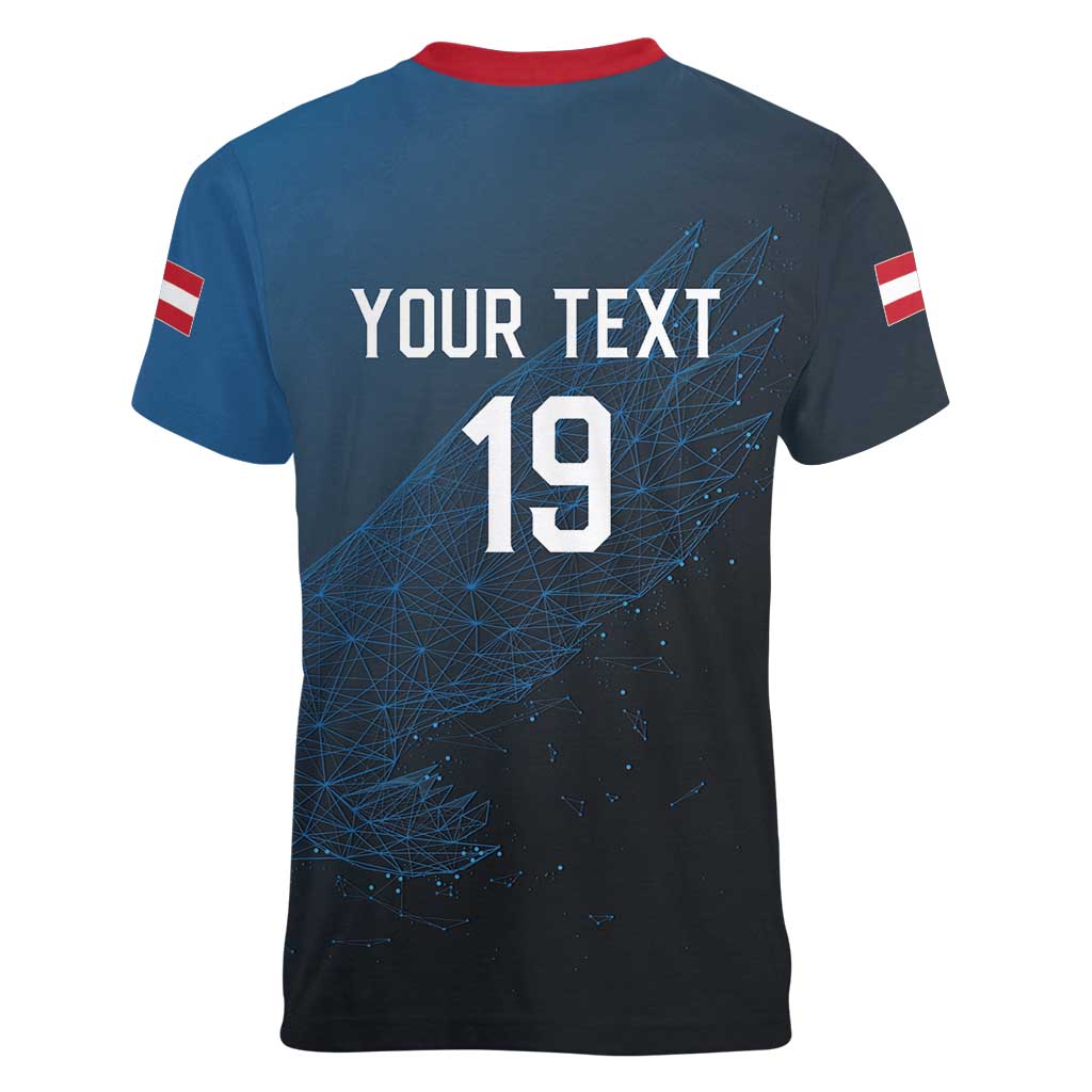 Custom World Football 2026 Austria Women V-Neck T-Shirt Das Team Go Champions Blue Version