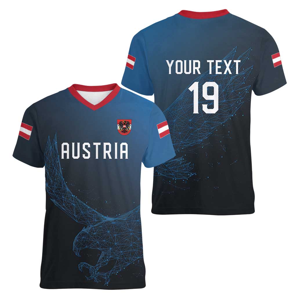 Custom World Football 2026 Austria Women V-Neck T-Shirt Das Team Go Champions Blue Version