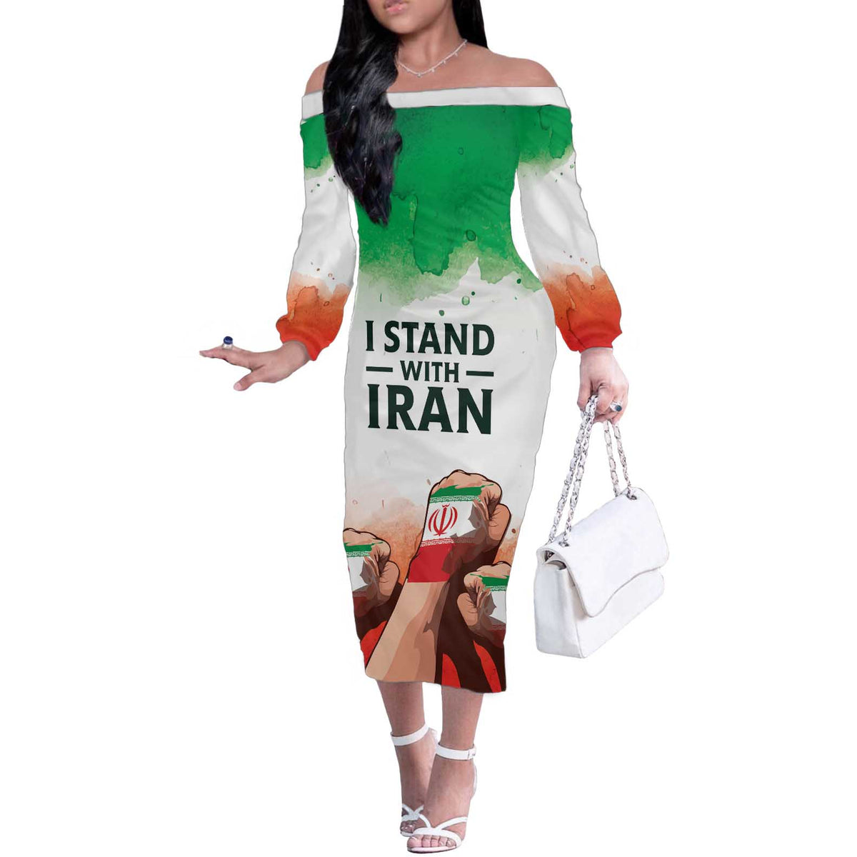 I Stand With Iran Personalized Off The Shoulder Long Sleeve Dress Freedom for the Iranian People