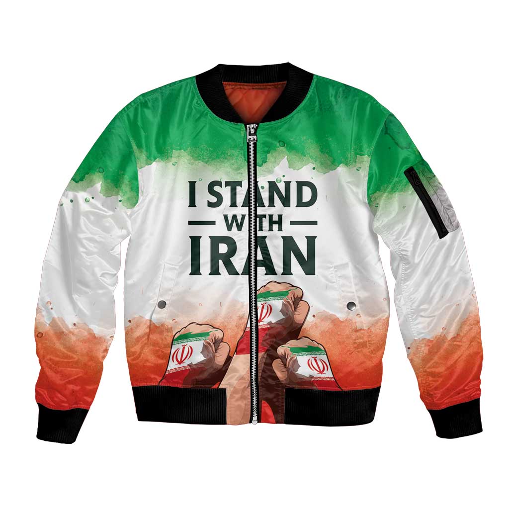 I Stand With Iran Personalized Sleeve Zip Bomber Jacket Freedom for the Iranian People