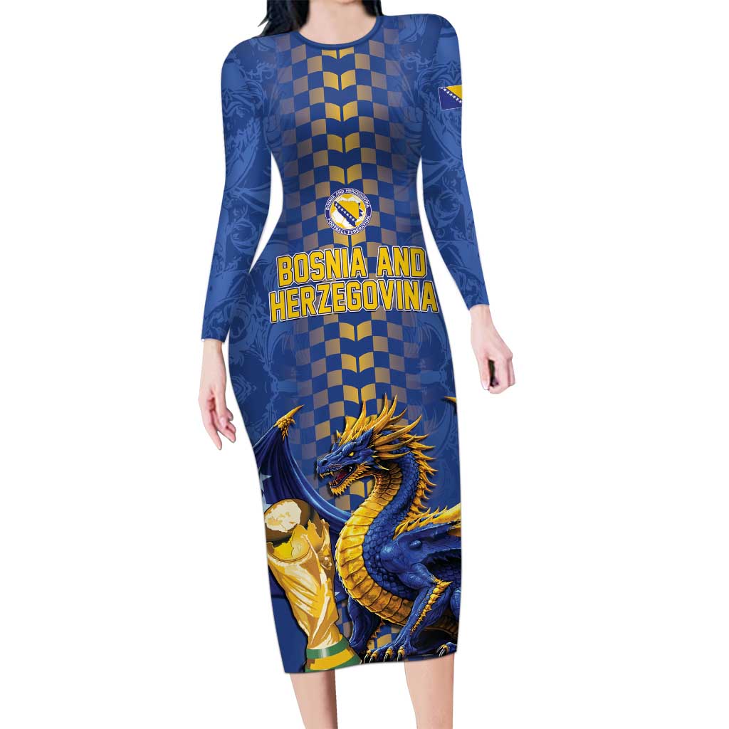 Custom World Football Bosnia and Herzegovina Long Sleeve Bodycon Dress Go Zmajevi Dragons Road To 2026