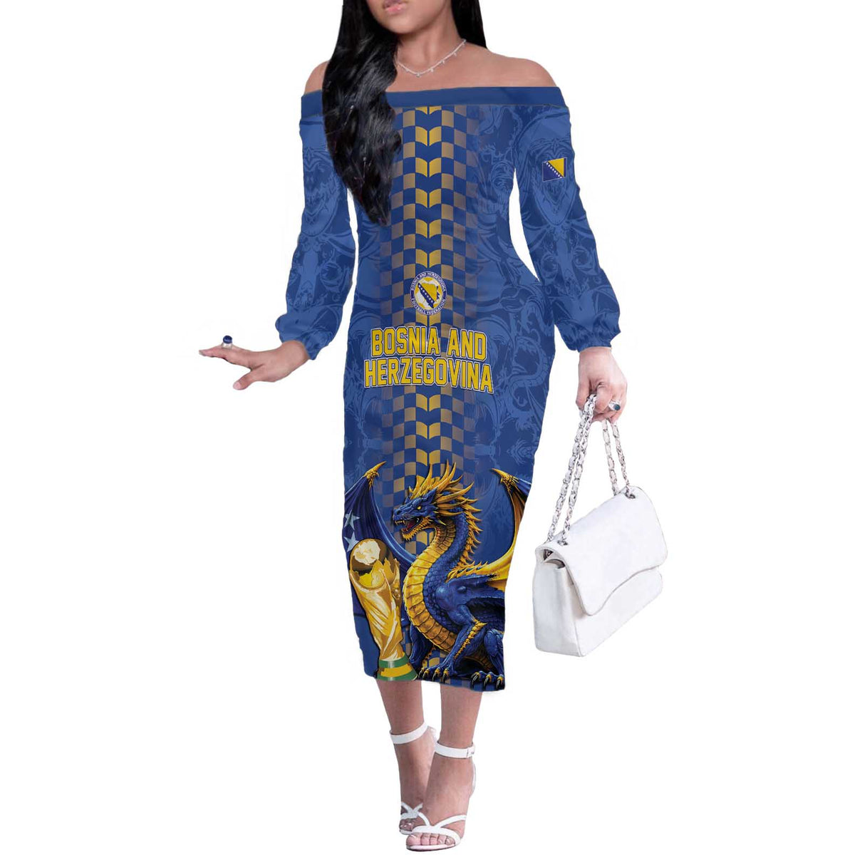 Custom World Football Bosnia and Herzegovina Off The Shoulder Long Sleeve Dress Go Zmajevi Dragons Road To 2026