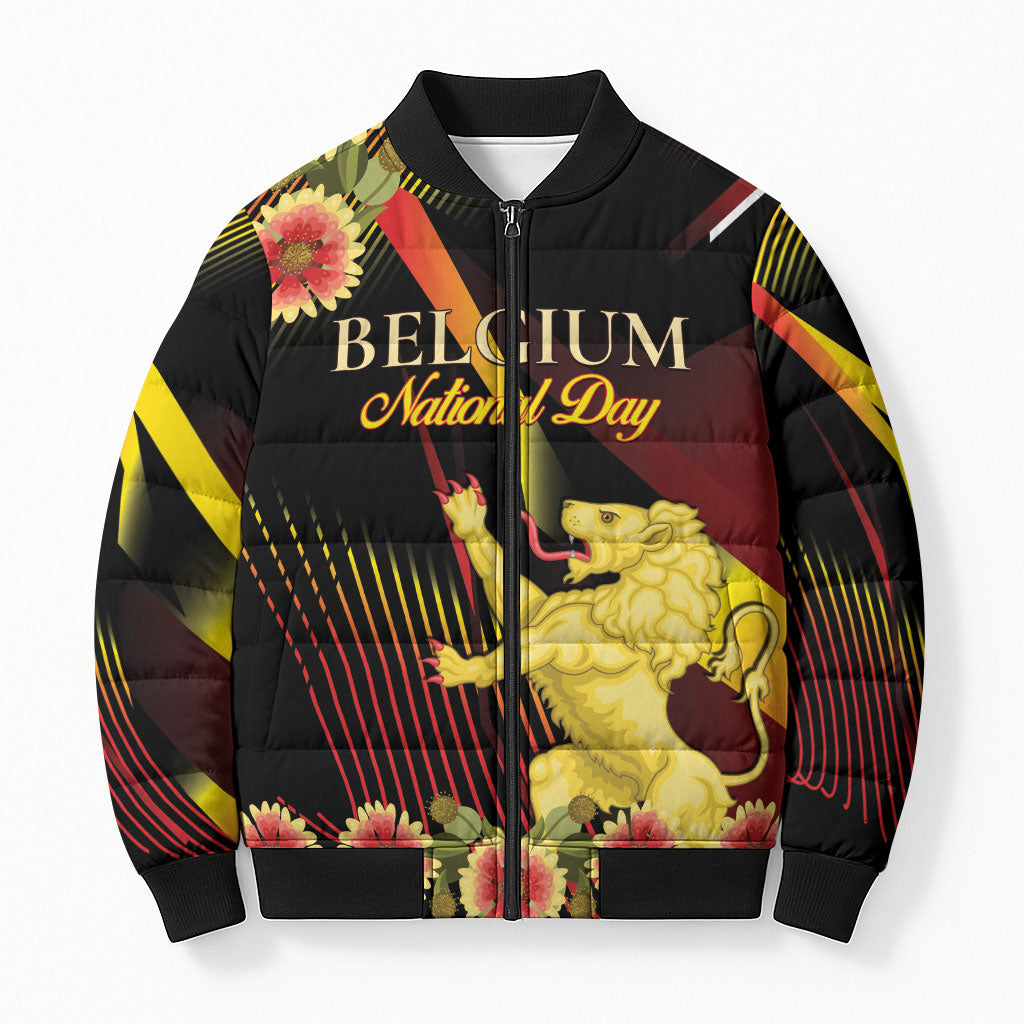 Personalized Belgium National Day Bomber Puffer Jacket Rampant Lion Gaillardia Heritage Pride