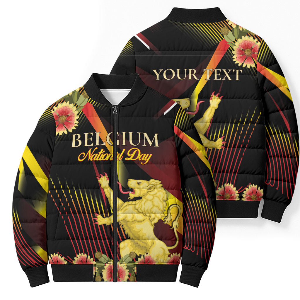 Personalized Belgium National Day Bomber Puffer Jacket Rampant Lion Gaillardia Heritage Pride