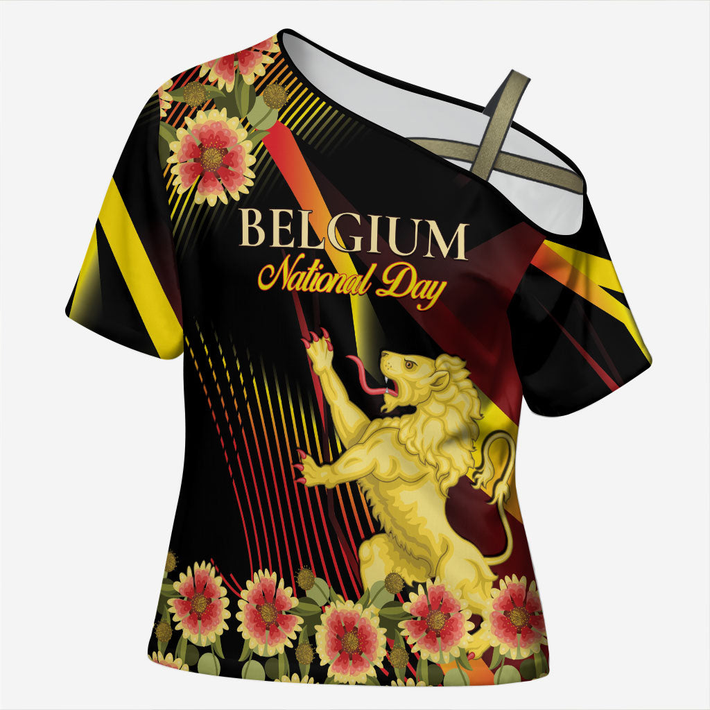 Personalized Belgium National Day Cross Shoulder Shirt Rampant Lion Gaillardia Heritage Pride