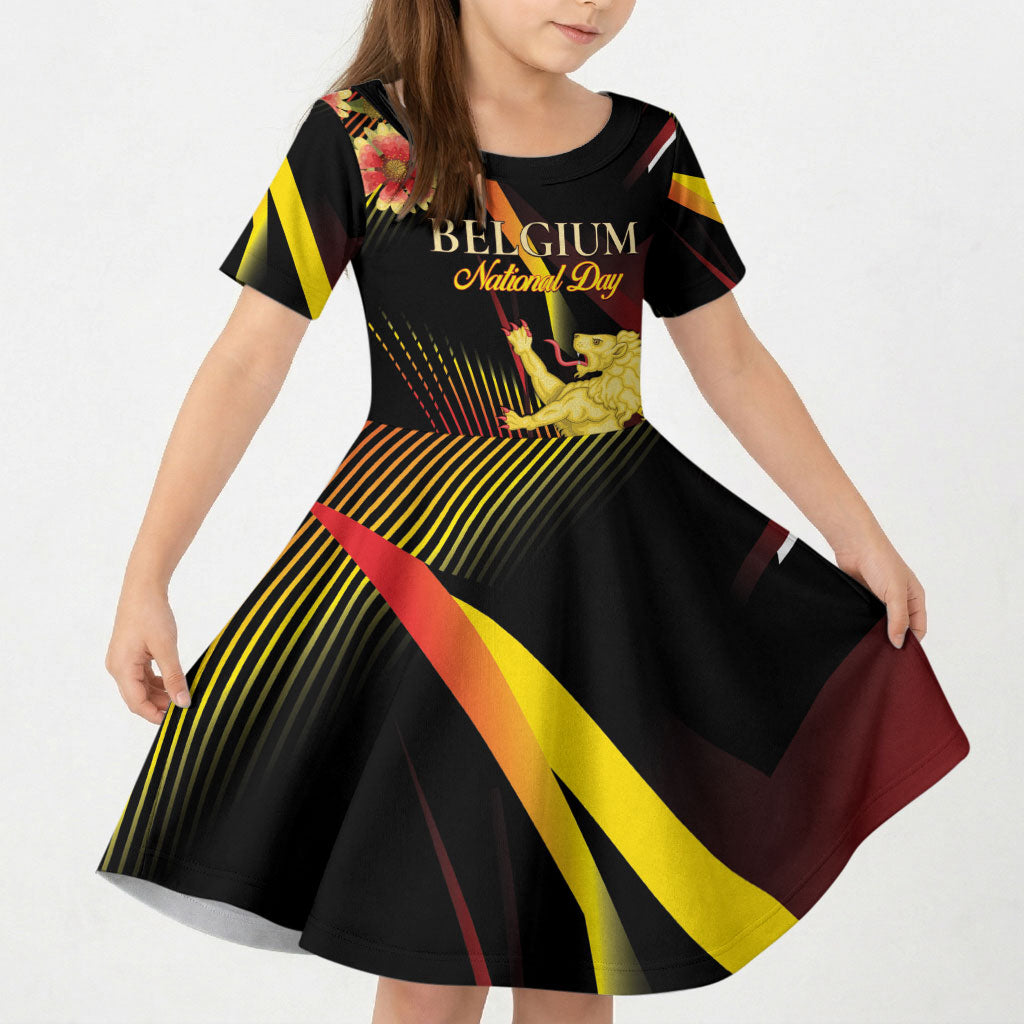 Personalized Belgium National Day Kid Short Sleeve Dress Rampant Lion Gaillardia Heritage Pride